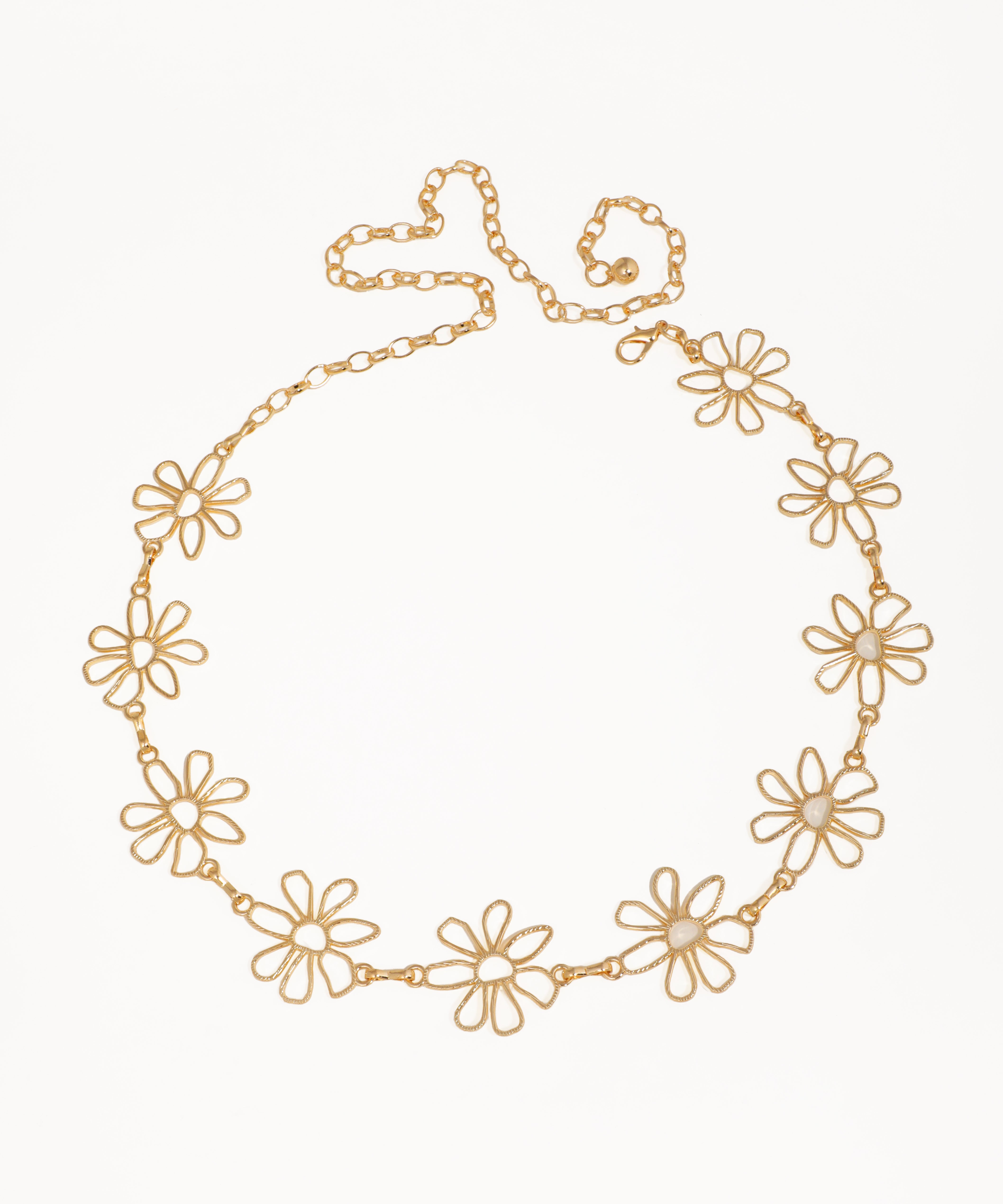 Gold-tone waist chain with openwork daisy floral motifs and a lobster clasp