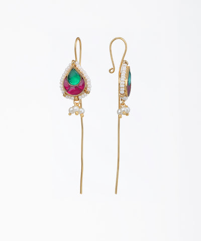 Gold-tone Oxidise earrings with green and pink teardrop stones and faux pearl outline, long wire drop.