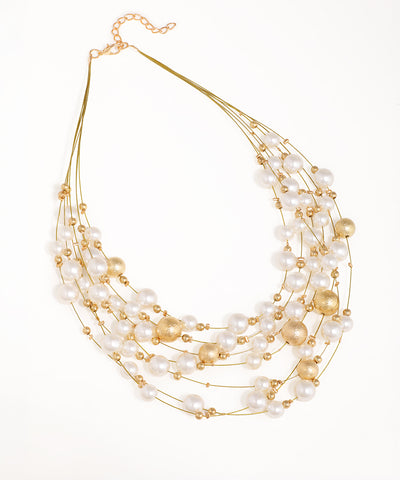 Gold-tone multi-strand necklace with faux pearls and textured gold-tone beads, featuring a layered design.