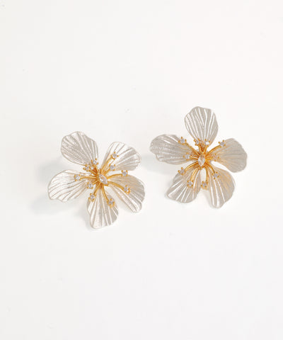Pair of gold and clear flower-shaped earrings on a white background