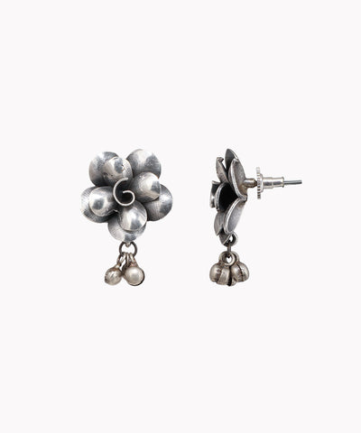 Oxidized silver-tone earrings with textured floral cluster and dangling bell charms