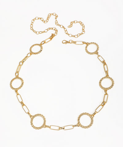 Gold-tone waist chain with twisted rings and rectangular links
