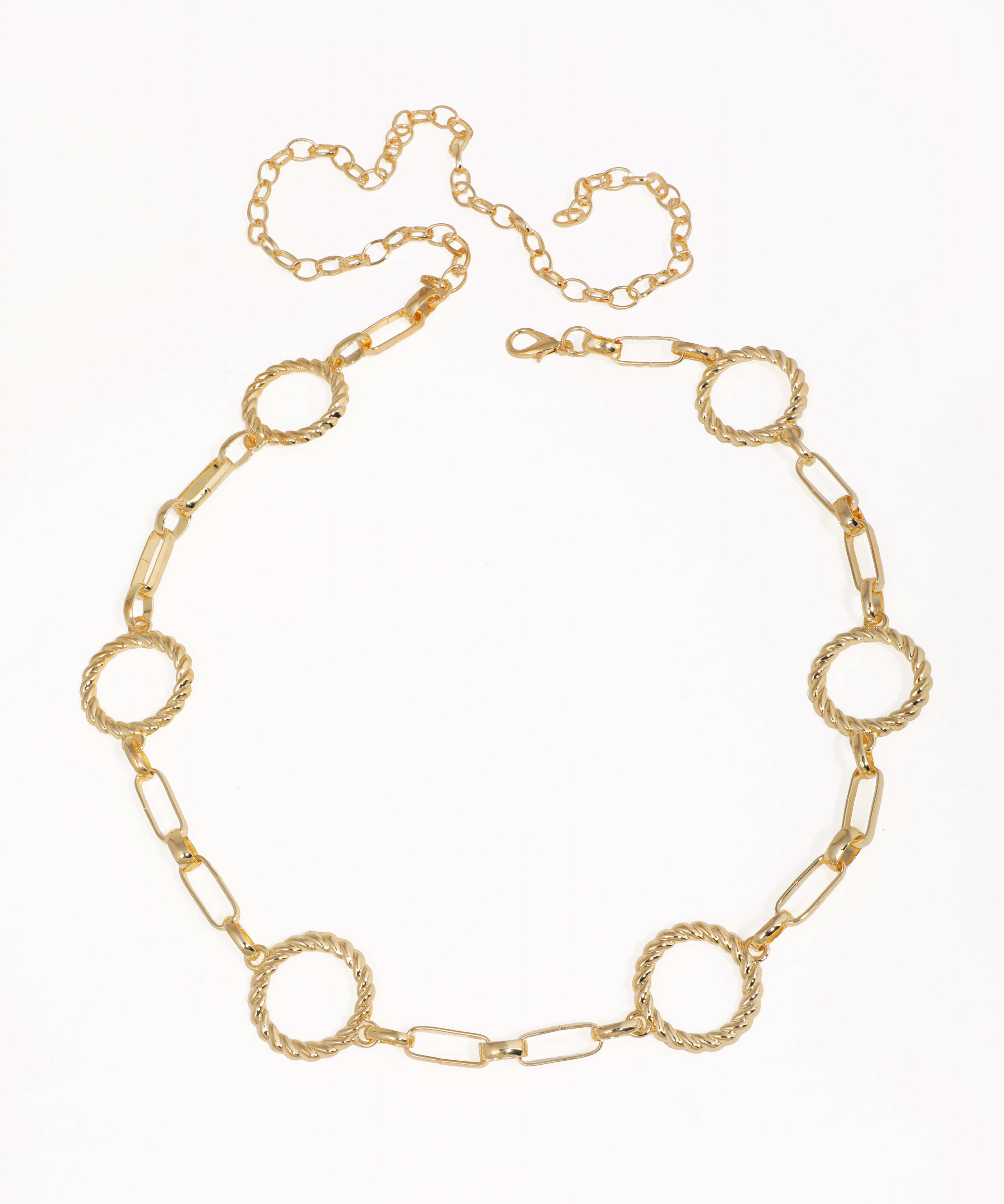 Gold-tone waist chain with twisted rings and rectangular links