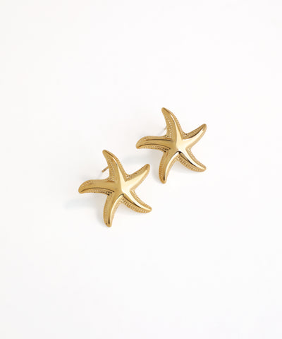 Gold starfish earrings on a white background