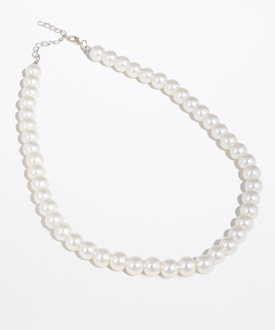 Silver-tone necklace with a single strand of white faux pearls