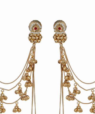 Gold earrings with intricate designs on a white background