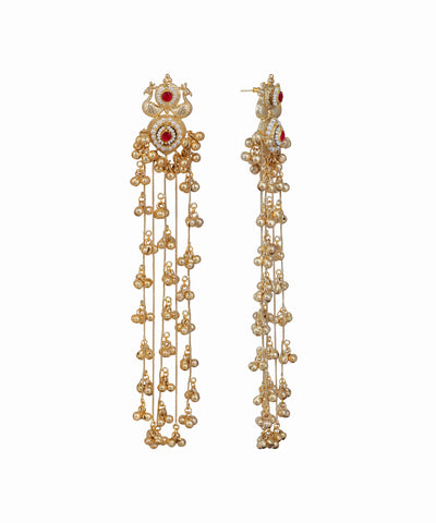 Gold-tone Kashmiri Jhumka earrings with peacock design, red stones, pearls, and cascading ghungroo bells