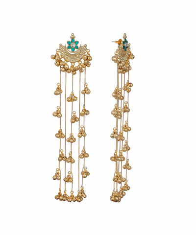 Gold earrings with intricate design and hanging elements on a white background
