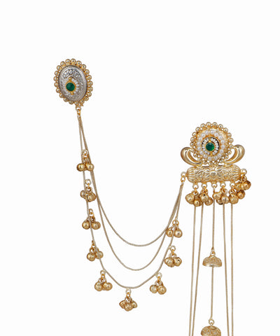 Gold necklace with green gemstones on a white background
