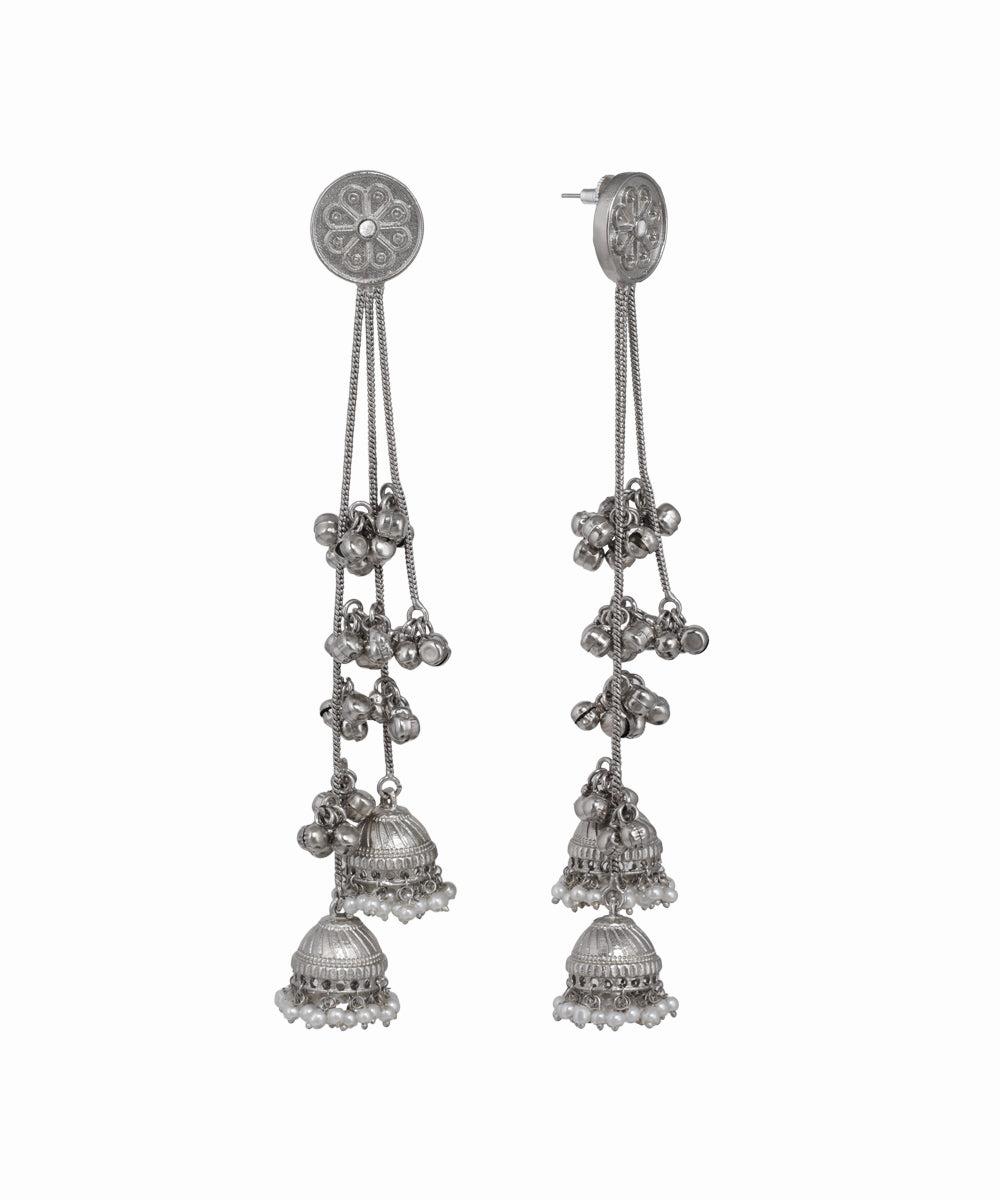 Silver-tone Kashmiri Jhumka earrings with floral stud, cascading chains, ghungroos, and faux pearl drops