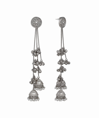 Silver-tone Kashmiri Jhumka earrings with floral stud, cascading chains, ghungroos, and faux pearl drops