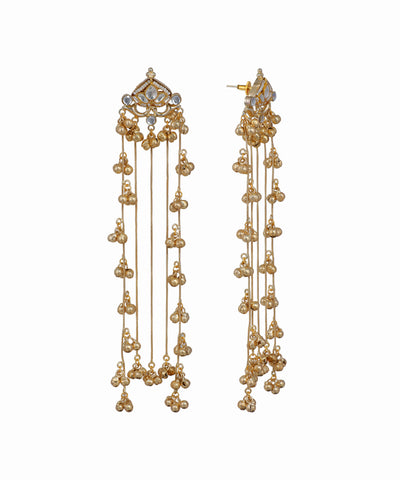 Gold-tone Kashmiri Jhumka earrings with long tassel chains and clear glass crystals