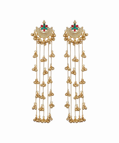 Pair of gold earrings with intricate designs on a white background