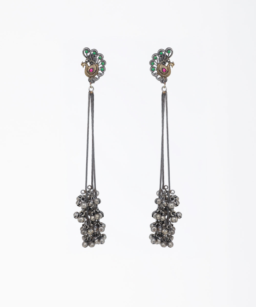 Oxidise peacock motif drop earrings with green and red stones and ghungroo clusters