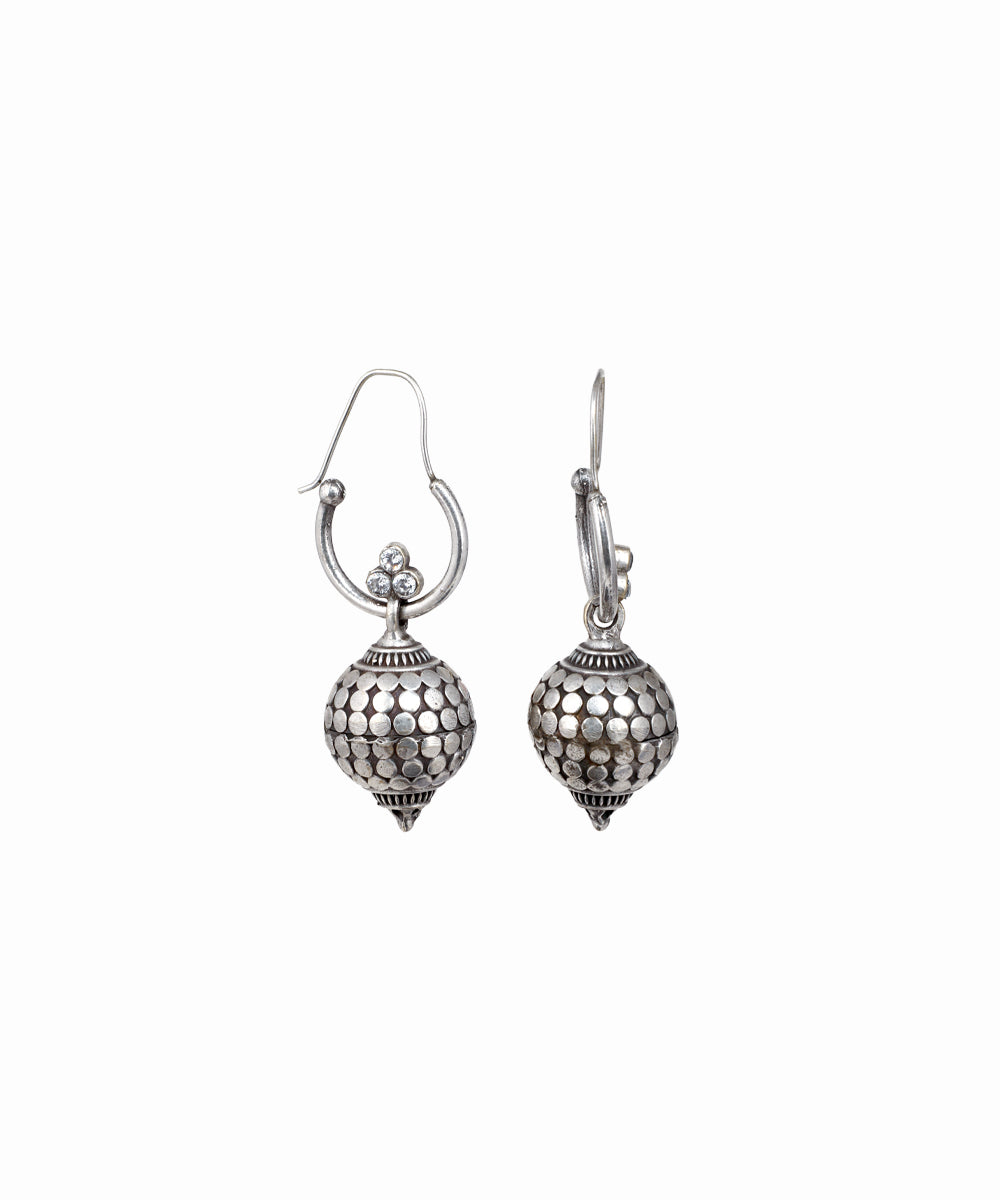 Oxidised silver-tone drop earrings with dotted spherical design and small clear stones