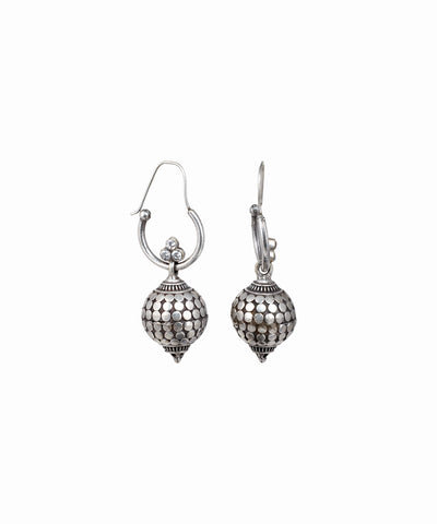 Oxidised silver-tone drop earrings with dotted spherical design and small clear stones