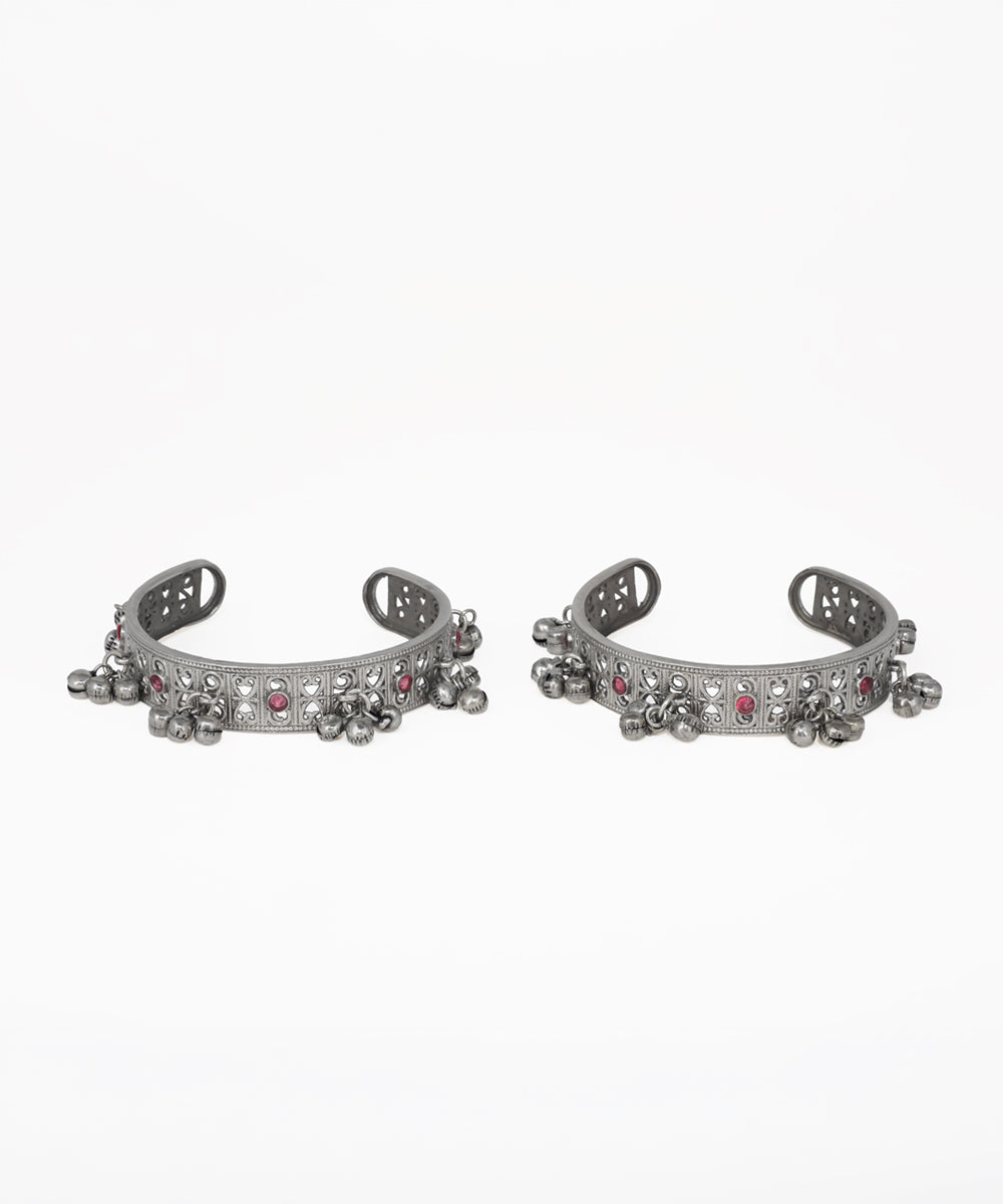 Oxidised bangle bracelet pair with red and clear stones and ghungroo charms