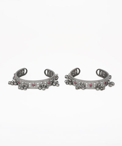 Oxidised bangle bracelet pair with red and clear stones and ghungroo charms