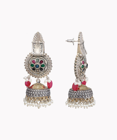 Oxidized silver-tone jhumka earrings with colorful glass crystals, ruby-tone beads, and faux pearl drops.