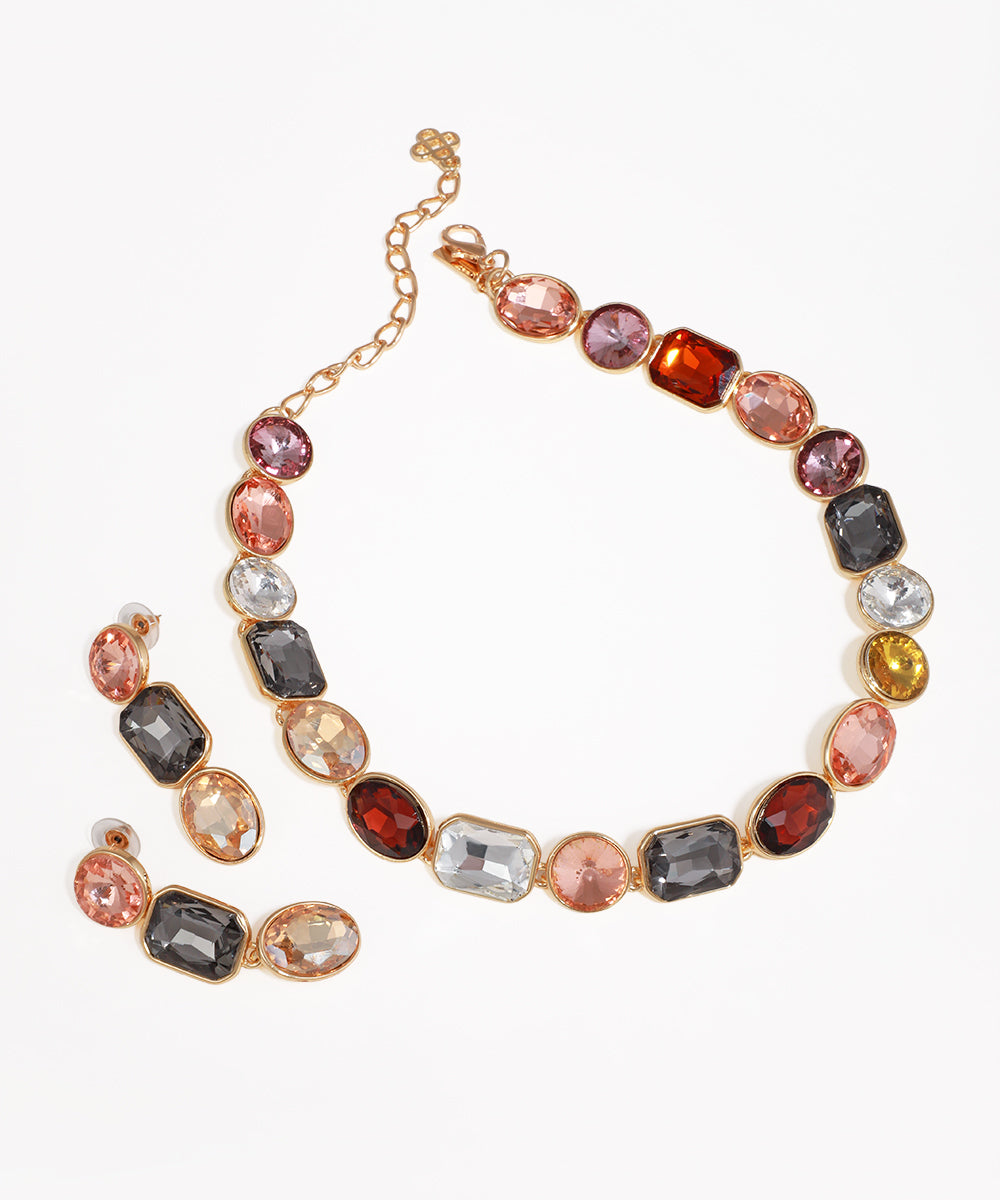 Gold-tone necklace set with multi-colored rectangular and oval glass stones