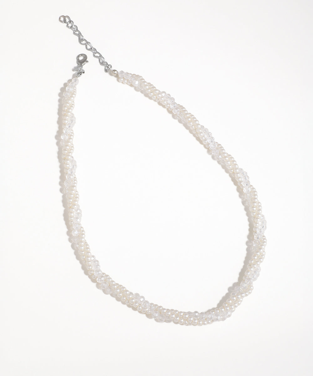 Silver-tone necklace with twisted faux pearl and clear crystal beads, adjustable chain clasp