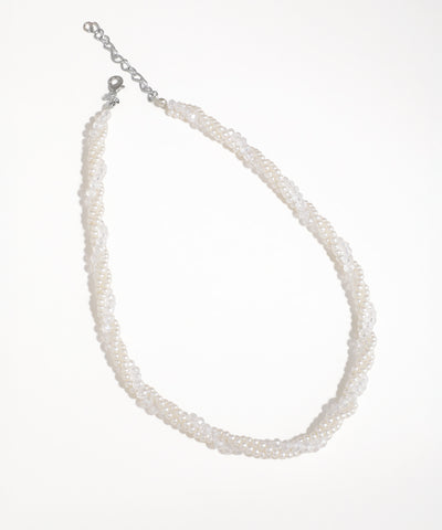 Silver-tone necklace with twisted faux pearl and clear crystal beads, adjustable chain clasp