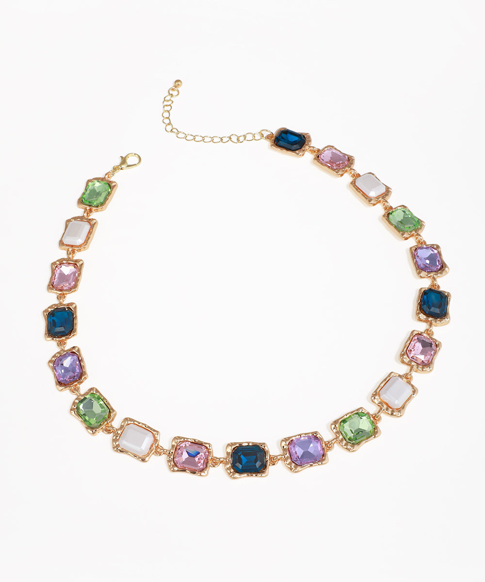 Gold-tone choker necklace with multi-color rectangular glass crystals