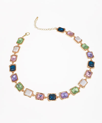 Gold-tone choker necklace with multi-color rectangular glass crystals