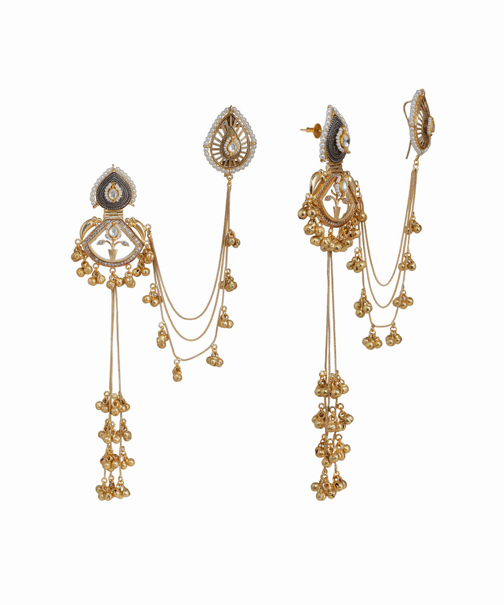 Gold-tone Kashmiri Jhumka earrings with faux pearls, CZ, and intricate ghungroo chains