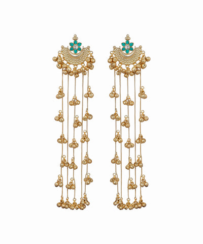 Gold earrings with turquoise stones on a white background