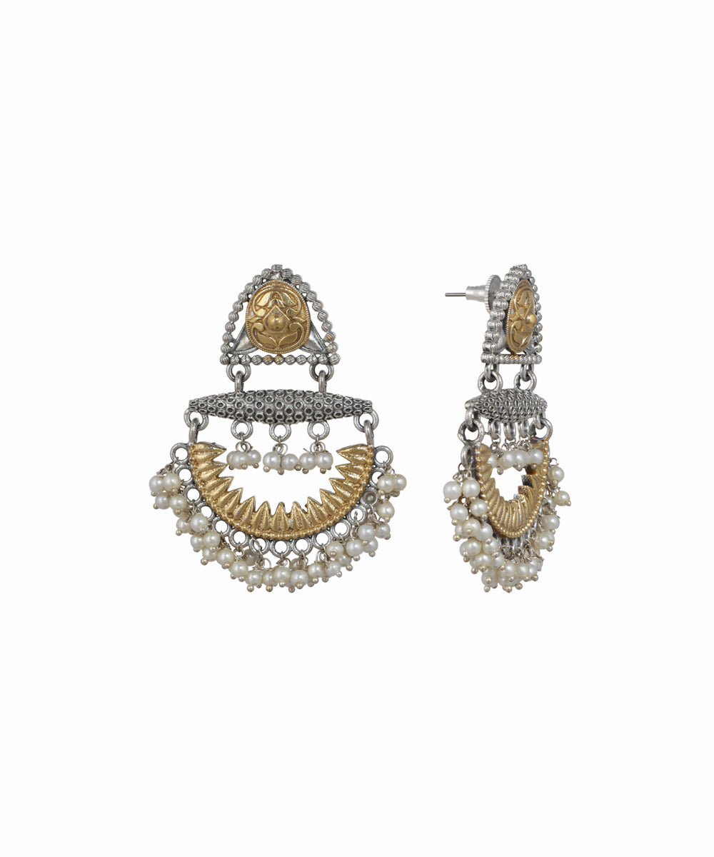 Oxidised silver-tone and gold-tone drop earrings with faux pearls and traditional motif