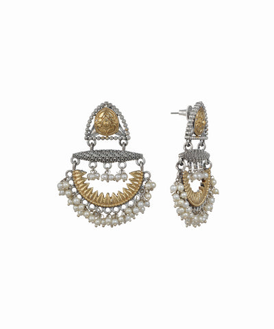 Oxidised silver-tone and gold-tone drop earrings with faux pearls and traditional motif