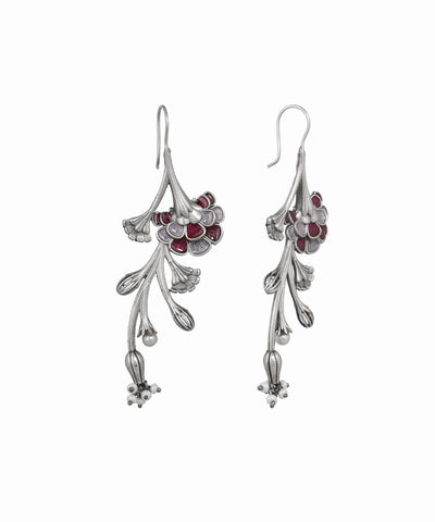 Oxidised silver-tone drop earrings with red and grey enamel floral design and small faux pearls