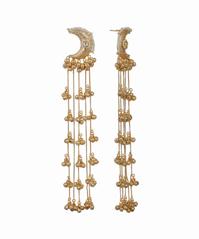 Gold-tone Kashmiri jhumka earrings with crescent top and multiple bell-adorned chains