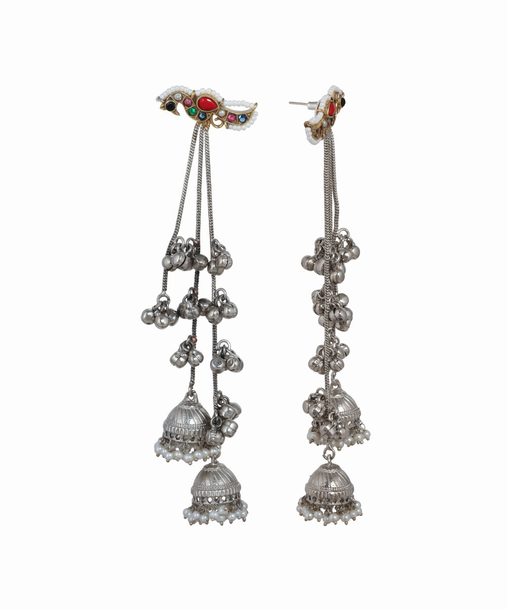 Oxidised silver-tone peacock jhumka drop earrings with colorful glass stones and faux pearls