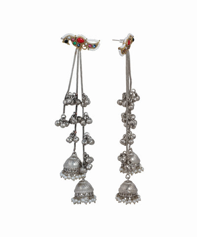 Oxidised silver-tone peacock jhumka drop earrings with colorful glass stones and faux pearls