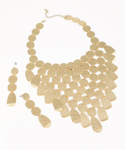Gold-tone necklace set with hammered disc and teardrop elements