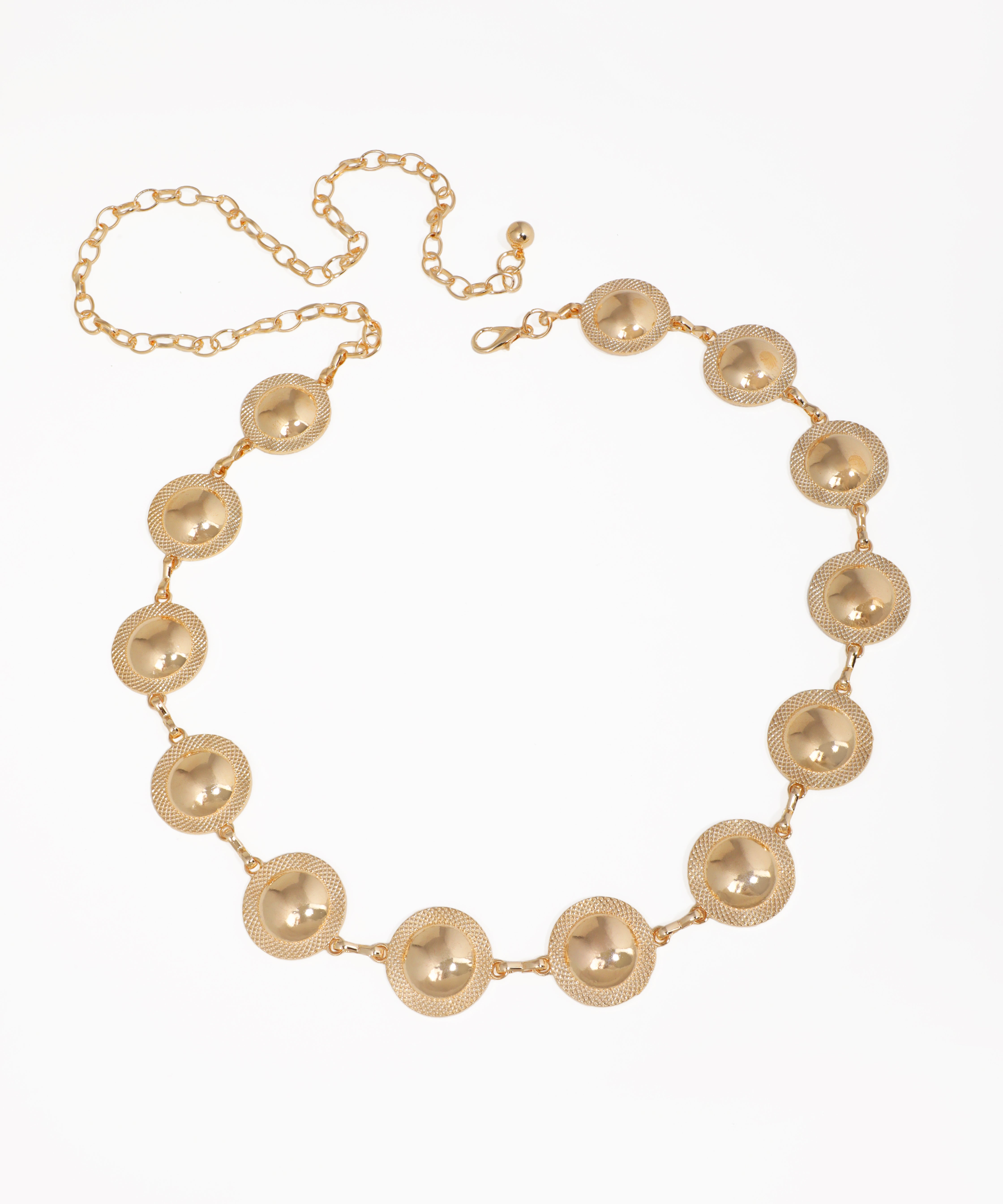 Gold necklace with round pendants on a white background