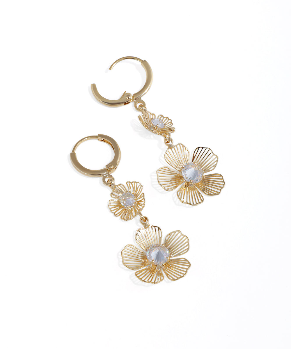Gold-tone earring with tiered wireframe floral drops and clear stones
