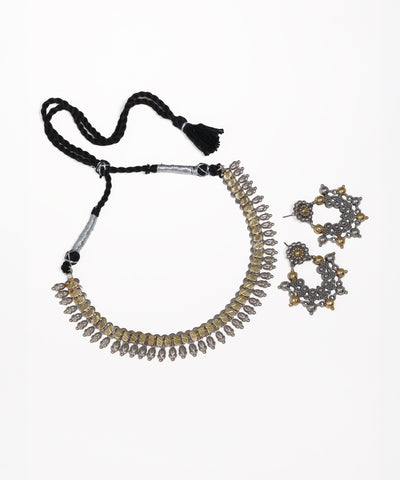 Oxidized and antique gold tone necklace set with dual-tone textured bead design and matching drop earrings