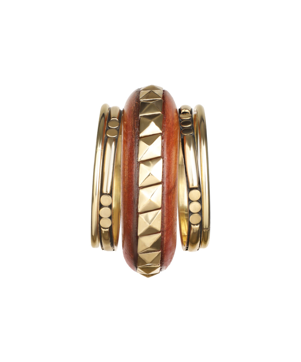 Gold-tone wooden kada stacked bangles with pyramid studs and embossed details