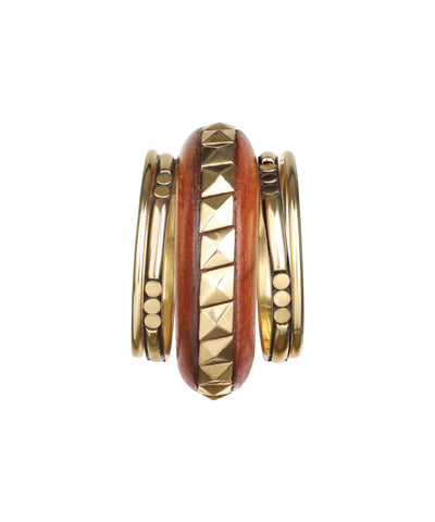 Gold-tone wooden kada stacked bangles with pyramid studs and embossed details