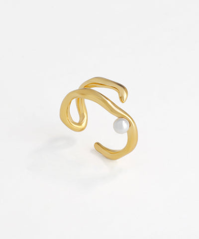 Gold-tone open band ring with fluid wave design and a single pearl