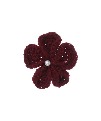 Maroon crochet hair clip in floral shape with a central faux pearl