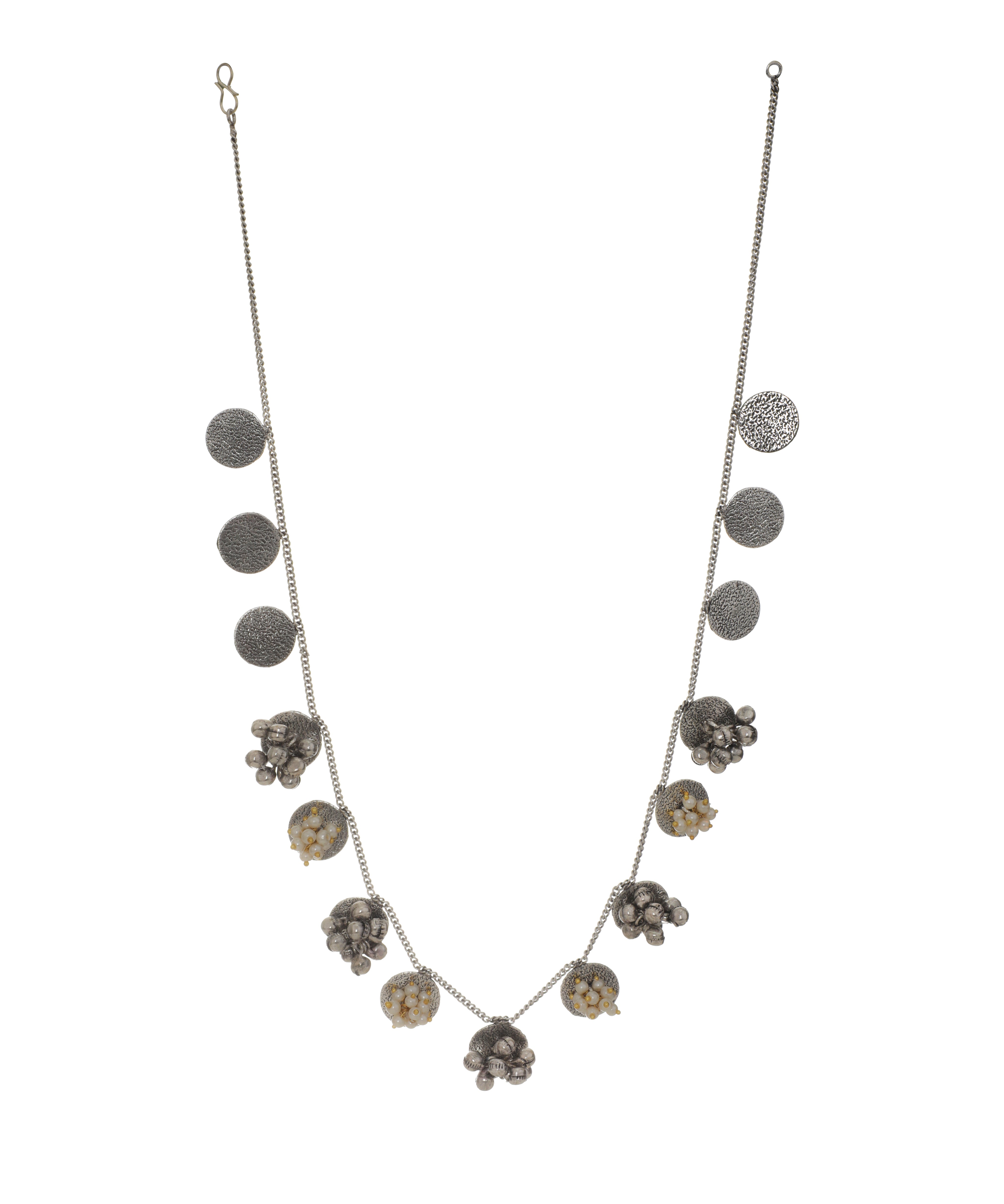 Silver-tone necklace with textured round discs and multi-bead clusters, some with faux pearls, on a delicate chain
