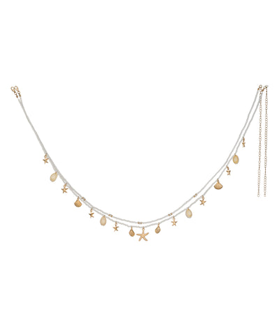Gold-tone waist chain with white beads and assorted seashell and starfish charms