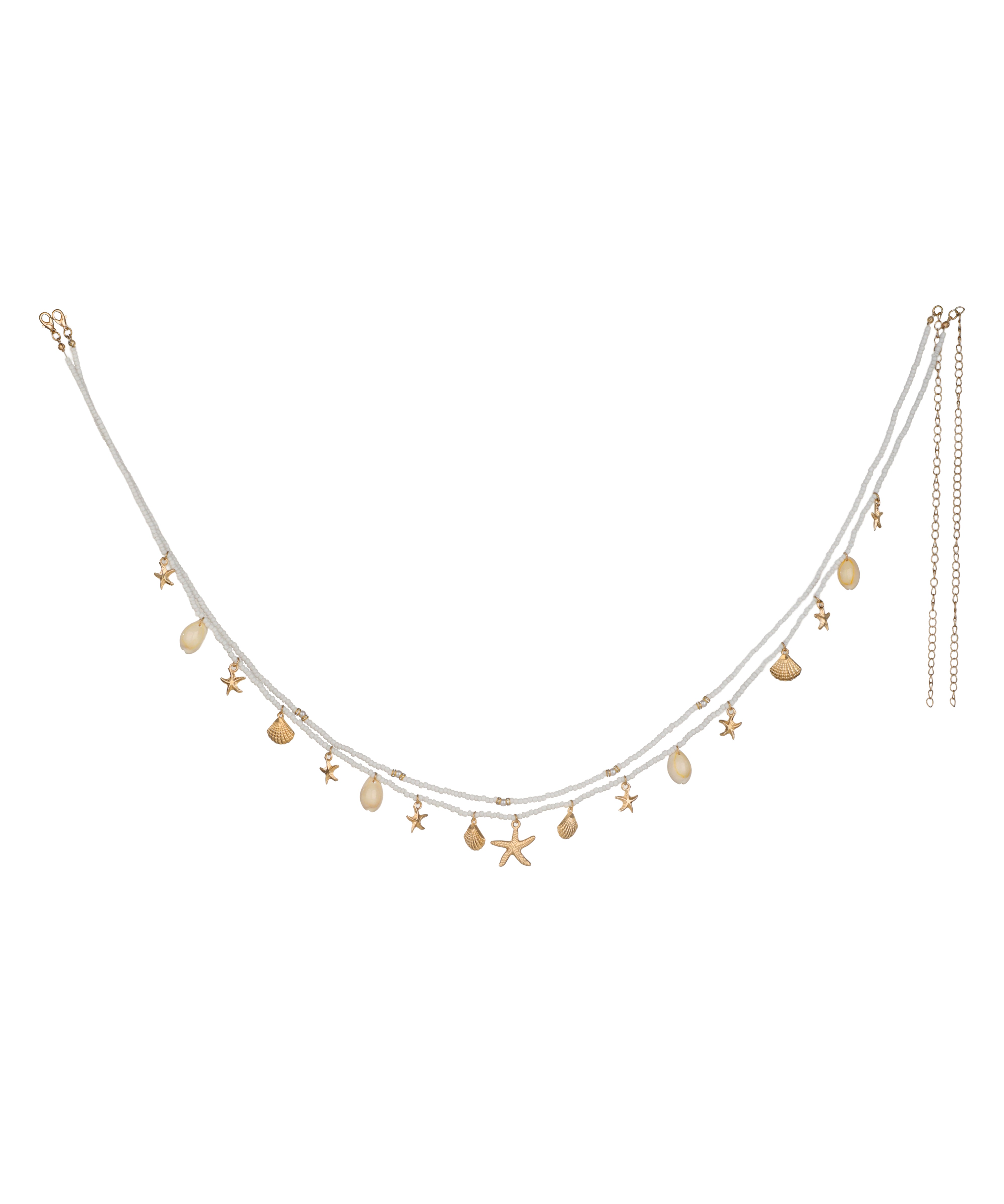 Gold-tone waist chain with white beads and assorted seashell and starfish charms