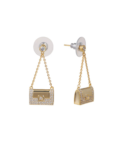 Gold-tone drop earrings in a mini handbag shape with clear stone embellishments