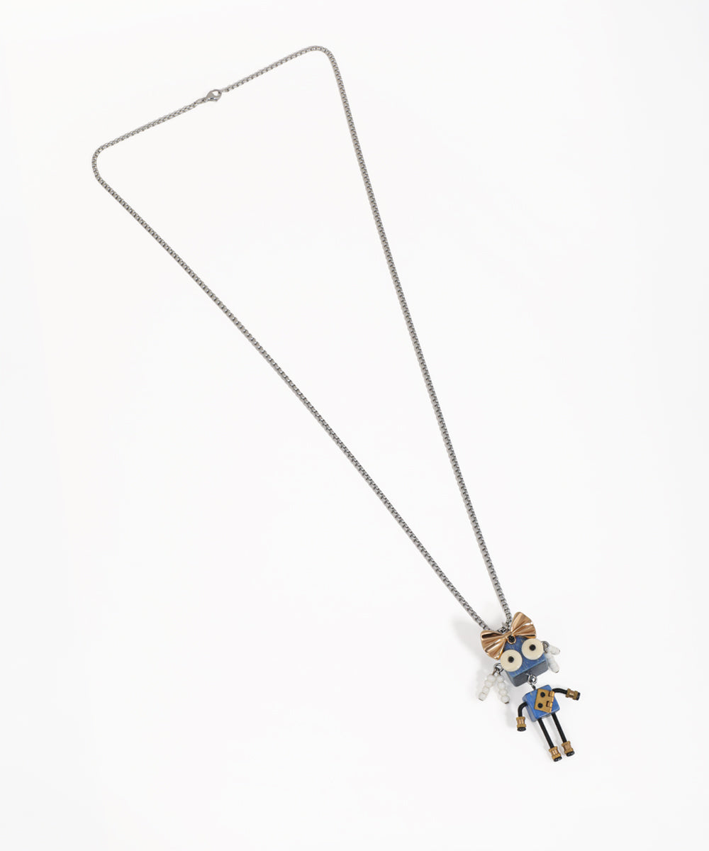 Silver-tone long necklace with a blue, gold-tone, and white robot charm pendant featuring a bow detail.