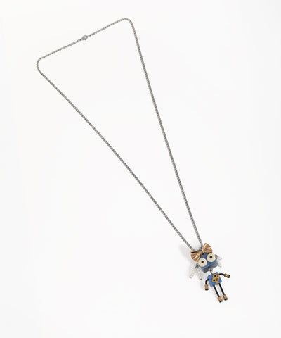 Silver-tone long necklace with a blue, gold-tone, and white robot charm pendant featuring a bow detail.